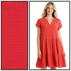 Lucky Brand Coral Cotton Gauze Tiered Babydoll Dress 1X
